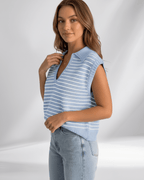 Solvane T-Shirt by Lauven — women’s ribbed striped T-shirt with lapel collar and V-neck knit design