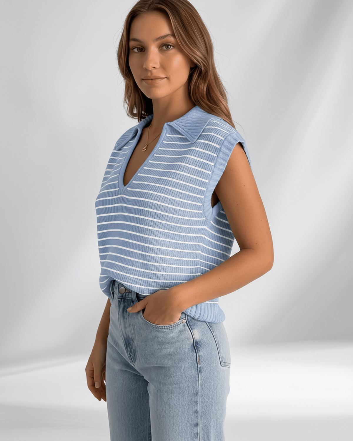 Solvane T-Shirt by Lauven — women’s ribbed striped T-shirt with lapel collar and V-neck knit design