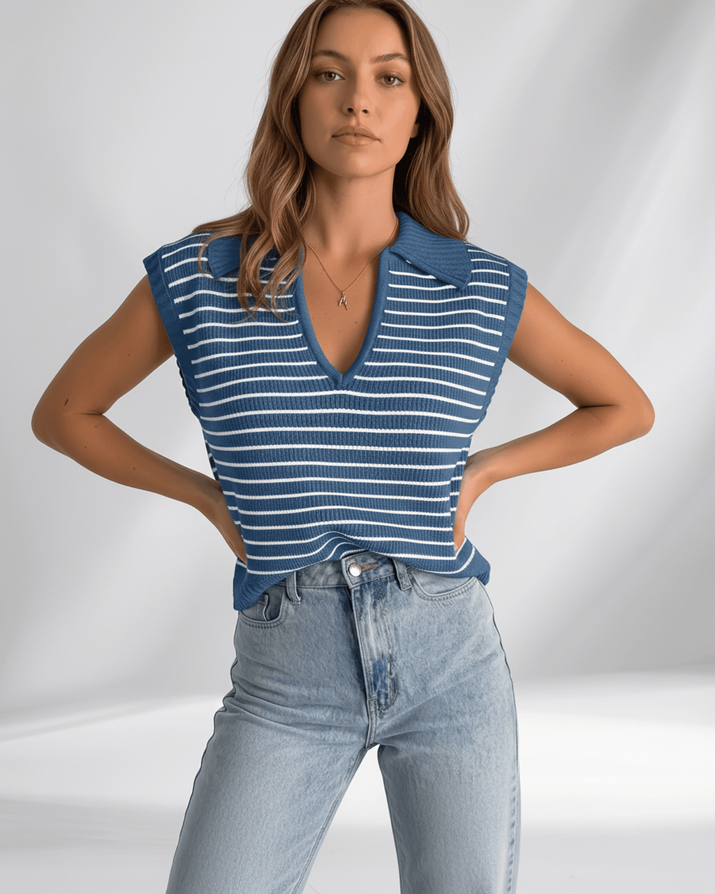 Solvane T-Shirt by Lauven — women’s ribbed striped T-shirt with lapel collar and V-neck knit design