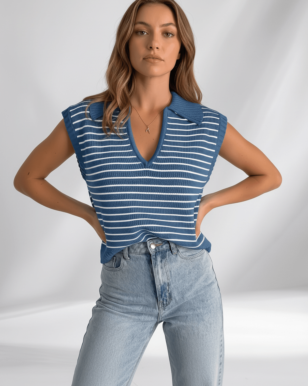 Solvane T-Shirt by Lauven — women’s ribbed striped T-shirt with lapel collar and V-neck knit design