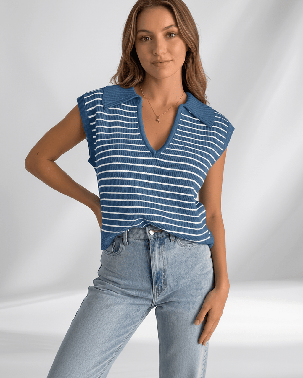Solvane T-Shirt by Lauven — women’s ribbed striped T-shirt with lapel collar and V-neck knit design