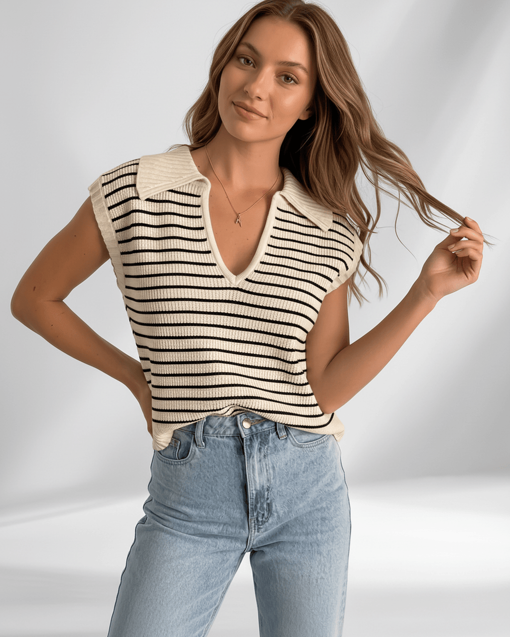 Solvane T-Shirt by Lauven — women’s ribbed striped T-shirt with lapel collar and V-neck knit design