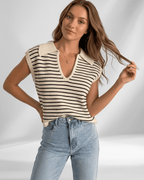 Solvane T-Shirt by Lauven — women’s ribbed striped T-shirt with lapel collar and V-neck knit design