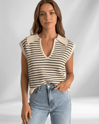 Solvane T-Shirt by Lauven — women’s ribbed striped T-shirt with lapel collar and V-neck knit design