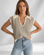 Solvane T-Shirt by Lauven — women’s ribbed striped T-shirt with lapel collar and V-neck knit design