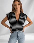 Solvane T-Shirt by Lauven — women’s ribbed striped T-shirt with lapel collar and V-neck knit design