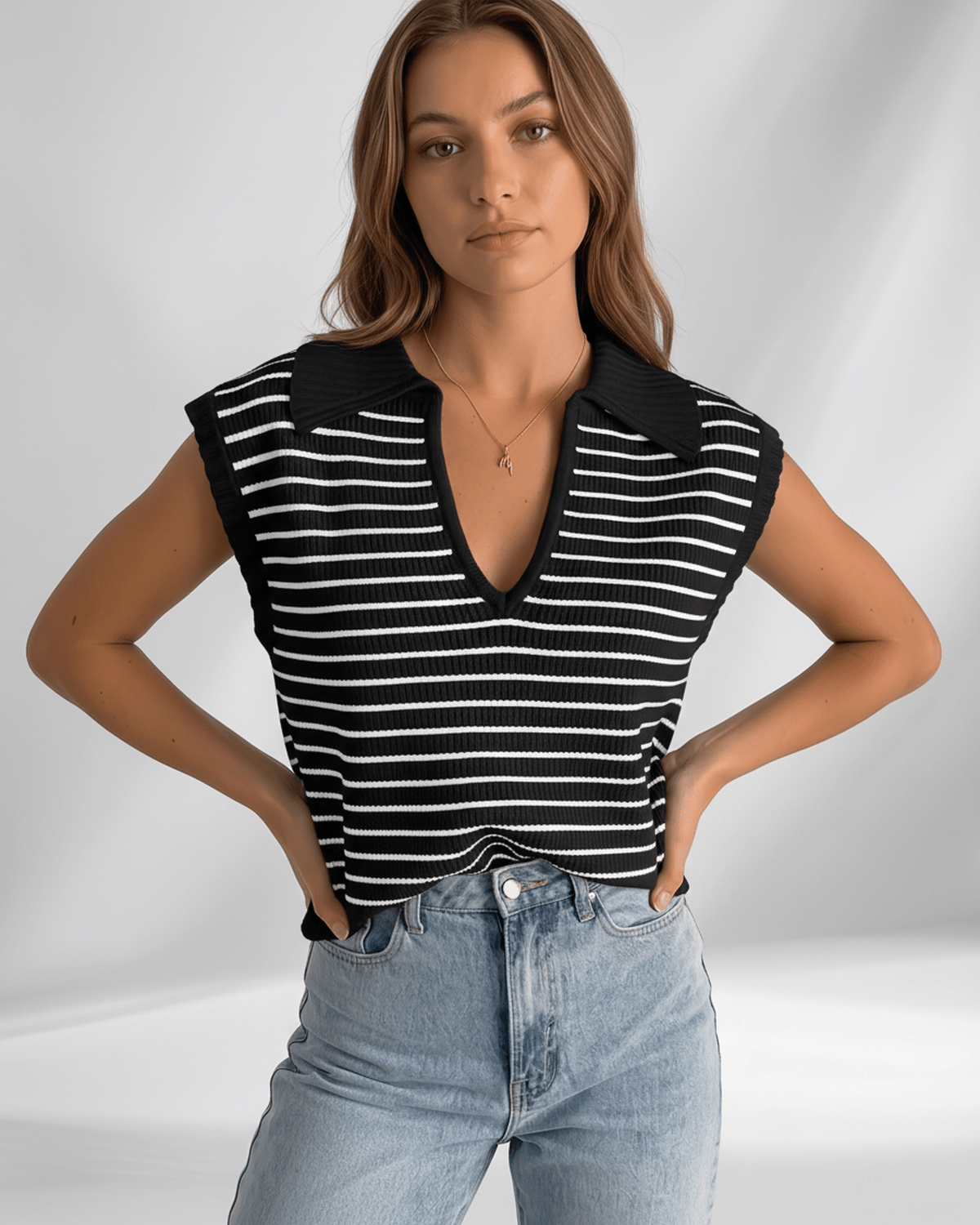 Solvane T-Shirt by Lauven — women’s ribbed striped T-shirt with lapel collar and V-neck knit design