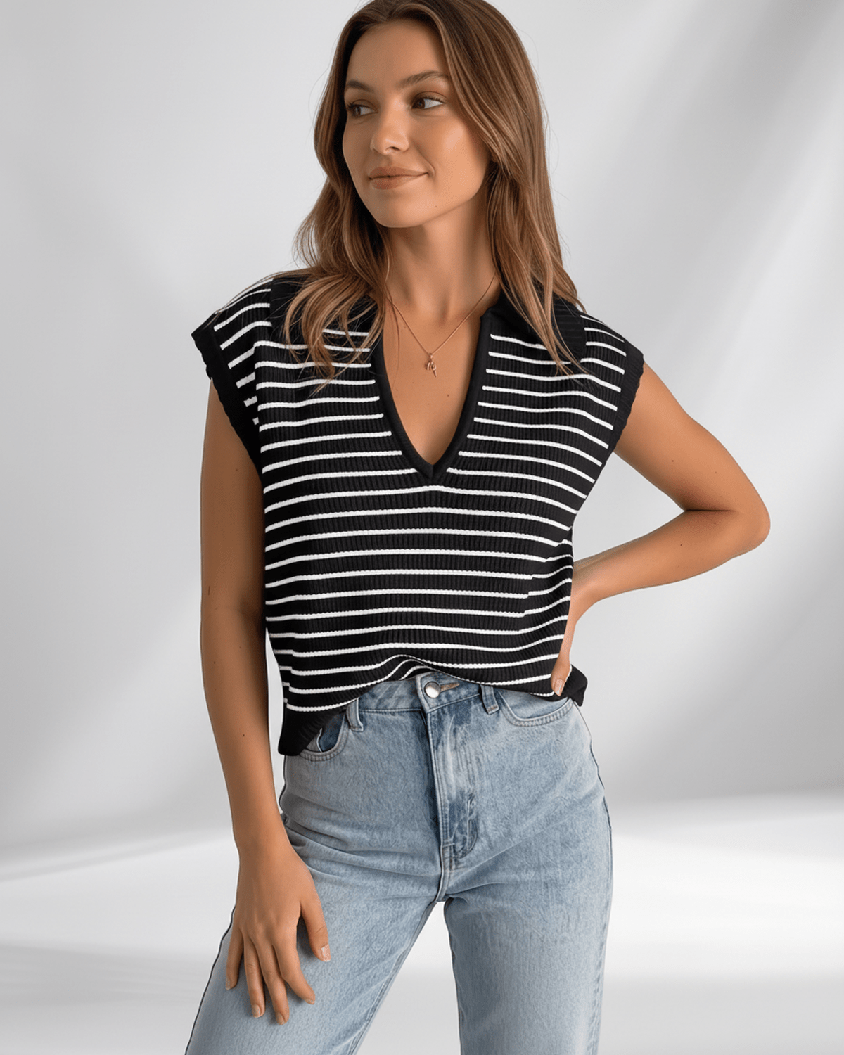 Solvane T-Shirt by Lauven — women’s ribbed striped T-shirt with lapel collar and V-neck knit design