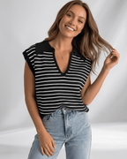 Solvane T-Shirt by Lauven — women’s ribbed striped T-shirt with lapel collar and V-neck knit design