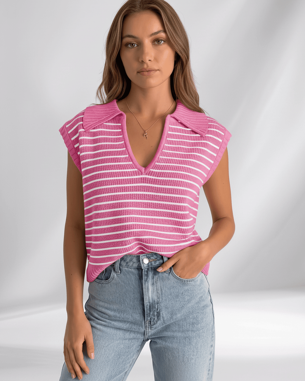 Solvane T-Shirt by Lauven — women’s ribbed striped T-shirt with lapel collar and V-neck knit design