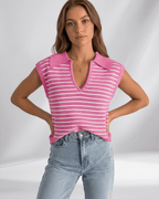 Solvane T-Shirt by Lauven — women’s ribbed striped T-shirt with lapel collar and V-neck knit design
