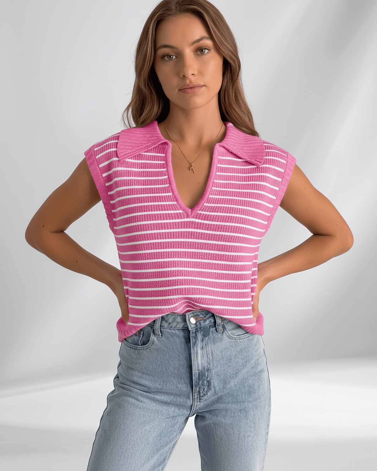 Solvane T-Shirt by Lauven — women’s ribbed striped T-shirt with lapel collar and V-neck knit design