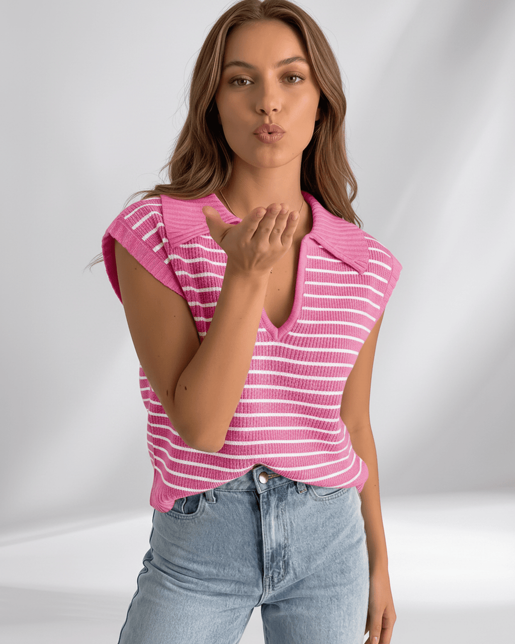 Solvane T-Shirt by Lauven — women’s ribbed striped T-shirt with lapel collar and V-neck knit design
