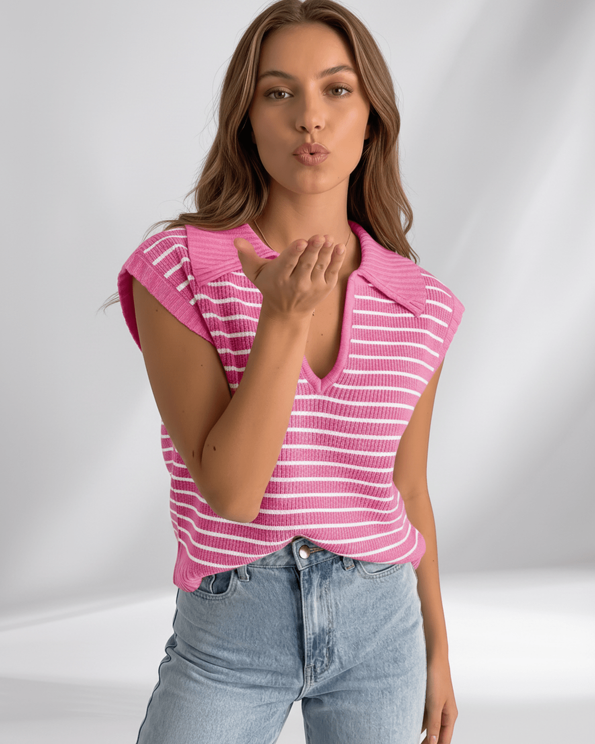 Solvane T-Shirt by Lauven — women’s ribbed striped T-shirt with lapel collar and V-neck knit design