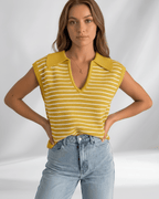 Solvane T-Shirt by Lauven — women’s ribbed striped T-shirt with lapel collar and V-neck knit design