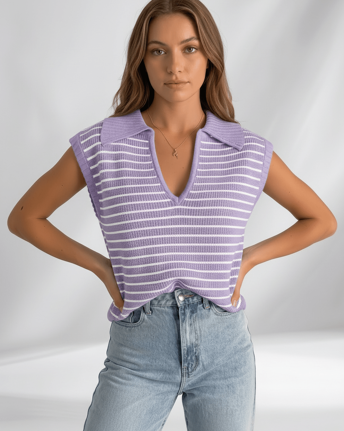 Solvane T-Shirt by Lauven — women’s ribbed striped T-shirt with lapel collar and V-neck knit design