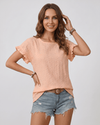 Veloura T-Shirt by Lauven — women’s textured ruffle sleeve T-shirt with round neck and eyelet detail