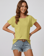 Veloura T-Shirt by Lauven — women’s textured ruffle sleeve T-shirt with round neck and eyelet detail