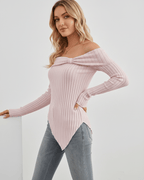 Veloura Long Sleeve Top by Lauven — women’s ribbed off shoulder long sleeve top with asymmetrical hem
