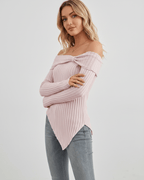 Veloura Long Sleeve Top by Lauven — women’s ribbed off shoulder long sleeve top with asymmetrical hem