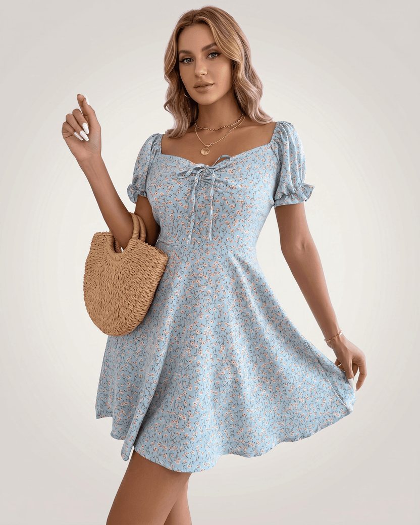 Florienne Mini Dress by Lauven — blue chiffon puff sleeve square neck A-line mini dress