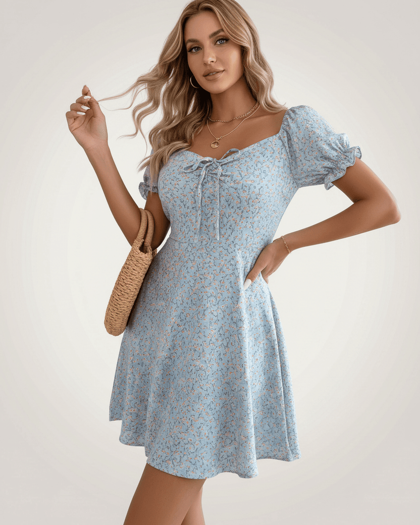 Florienne Mini Dress by Lauven — chiffon puff sleeve square neck A-line mini dress