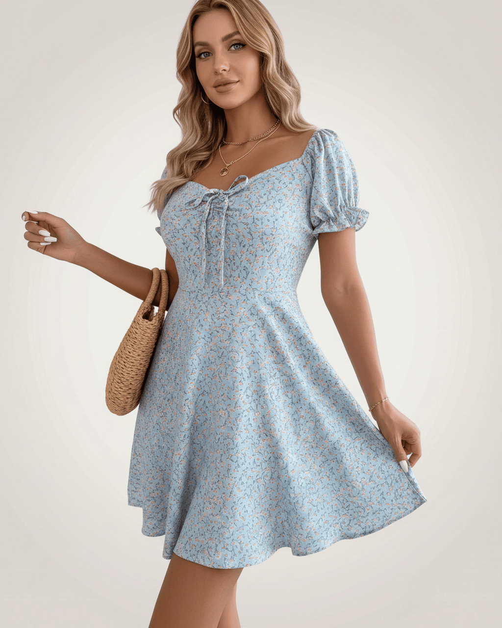Florienne Mini Dress by Lauven — chiffon puff sleeve square neck A-line mini dress