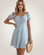 Florienne Mini Dress by Lauven — chiffon puff sleeve square neck A-line mini dress