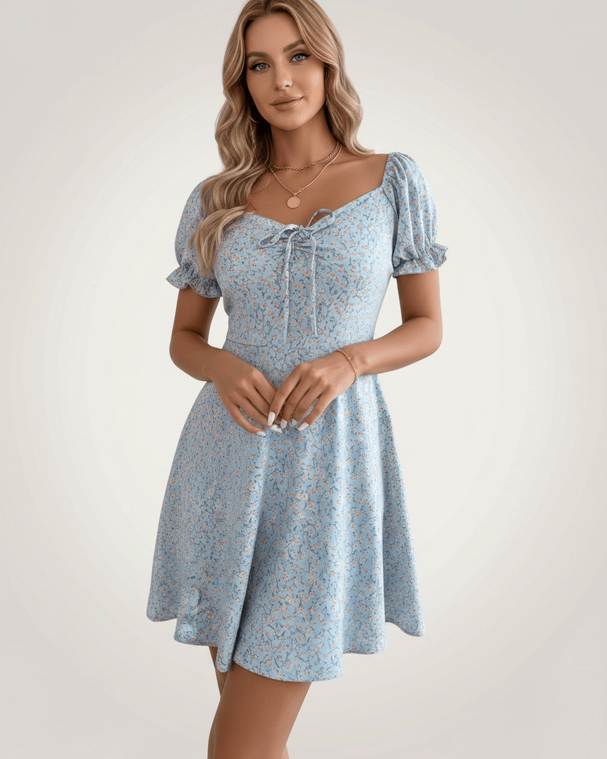 Florienne Mini Dress by Lauven — chiffon puff sleeve square neck A-line mini dress
