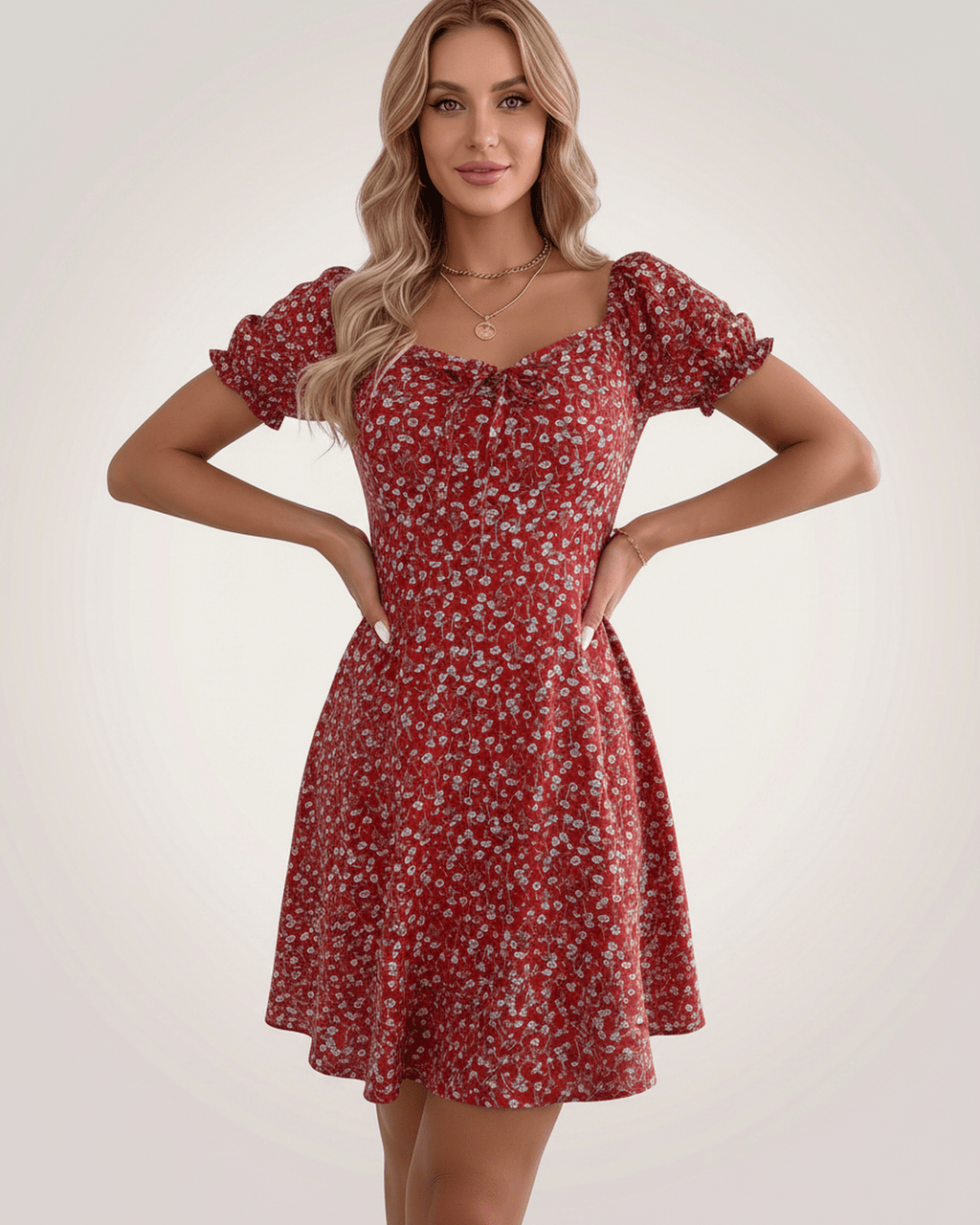 Florienne Mini Dress by Lauven — chiffon puff sleeve square neck A-line mini dress