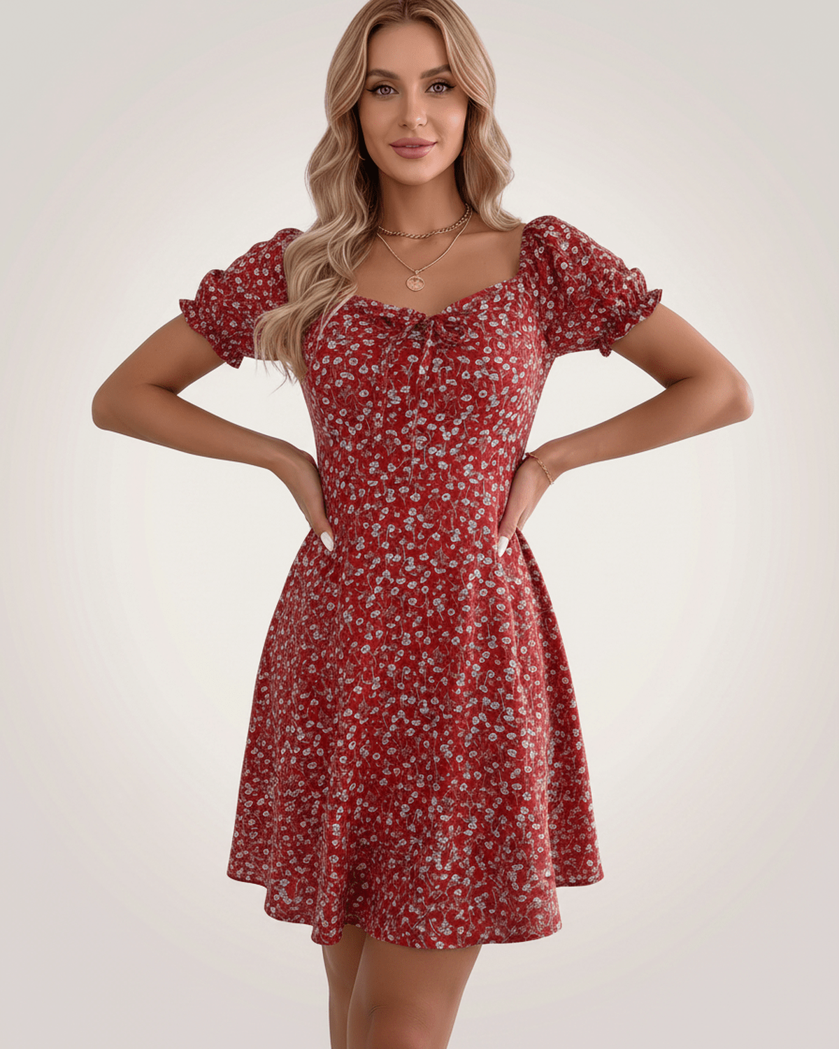 Florienne Mini Dress by Lauven — chiffon puff sleeve square neck A-line mini dress