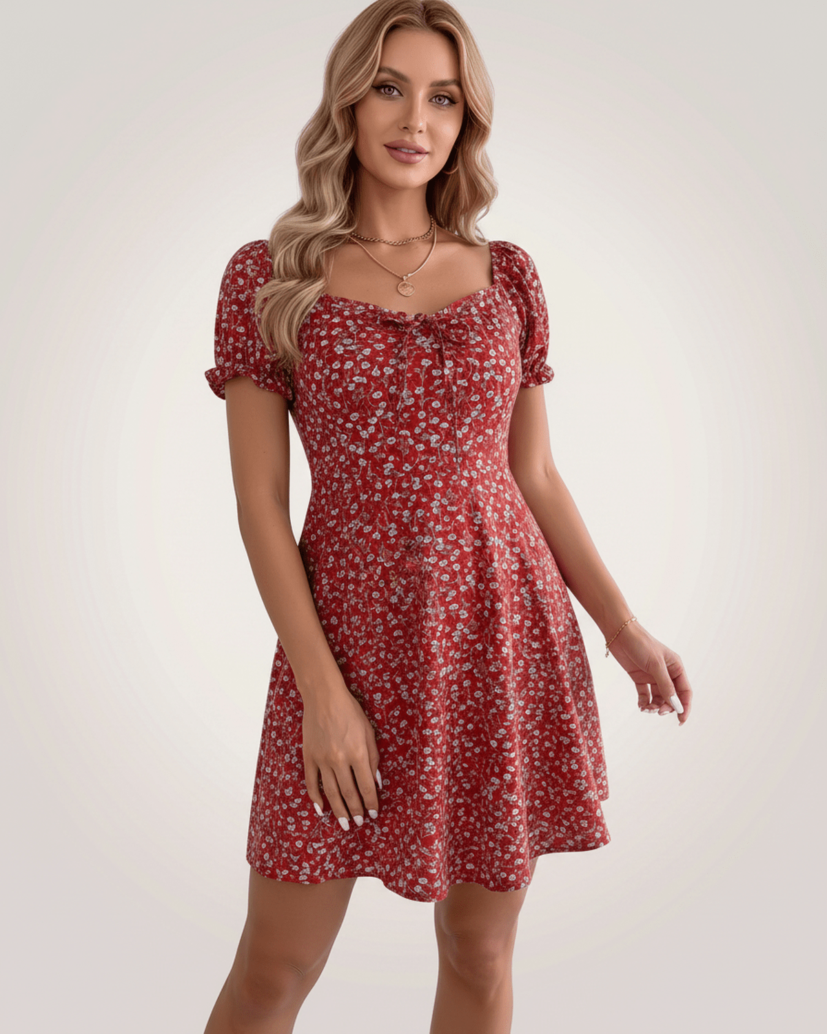 Florienne Mini Dress by Lauven — chiffon puff sleeve square neck A-line mini dress