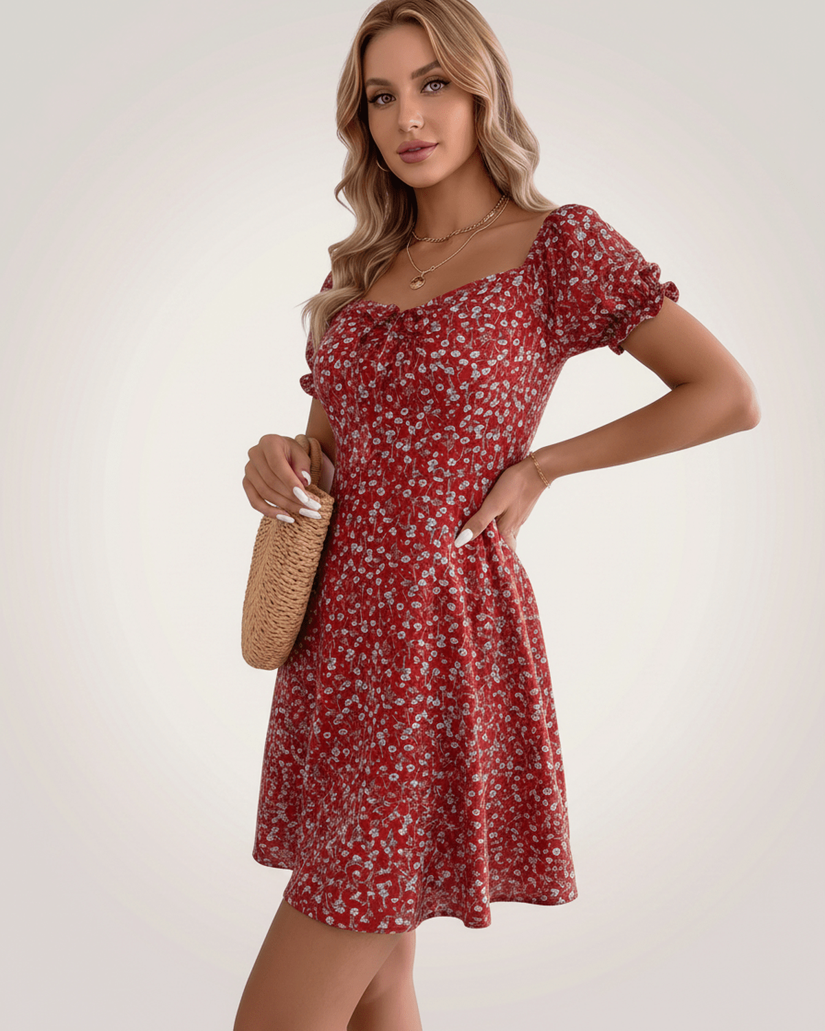 Florienne Mini Dress by Lauven — chiffon puff sleeve square neck A-line mini dress