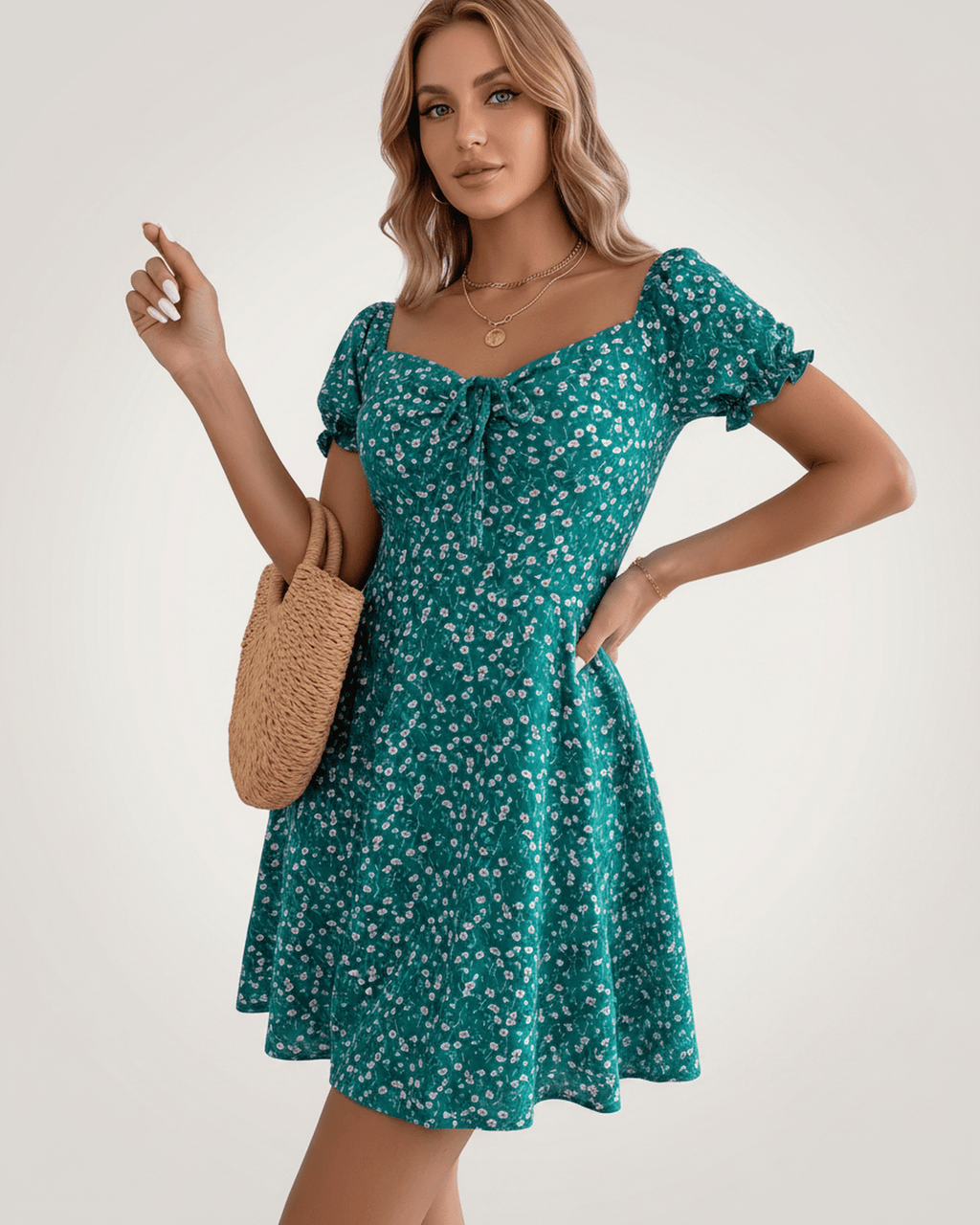 Florienne Mini Dress by Lauven — chiffon puff sleeve square neck A-line mini dress