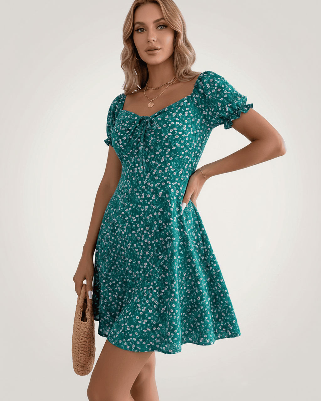 Florienne Mini Dress by Lauven — chiffon puff sleeve square neck A-line mini dress