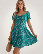 Florienne Mini Dress by Lauven — chiffon puff sleeve square neck A-line mini dress