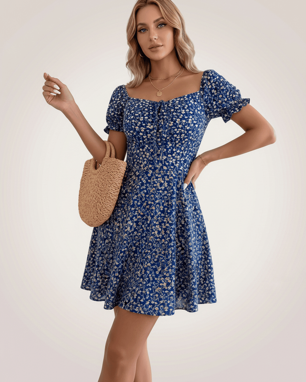 Florienne Mini Dress by Lauven — chiffon puff sleeve square neck A-line mini dress