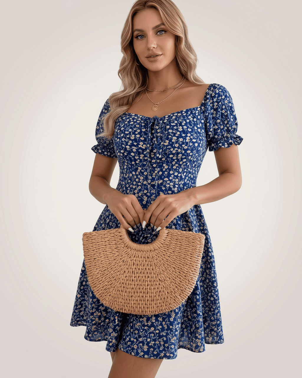 Florienne Mini Dress by Lauven — chiffon puff sleeve square neck A-line mini dress
