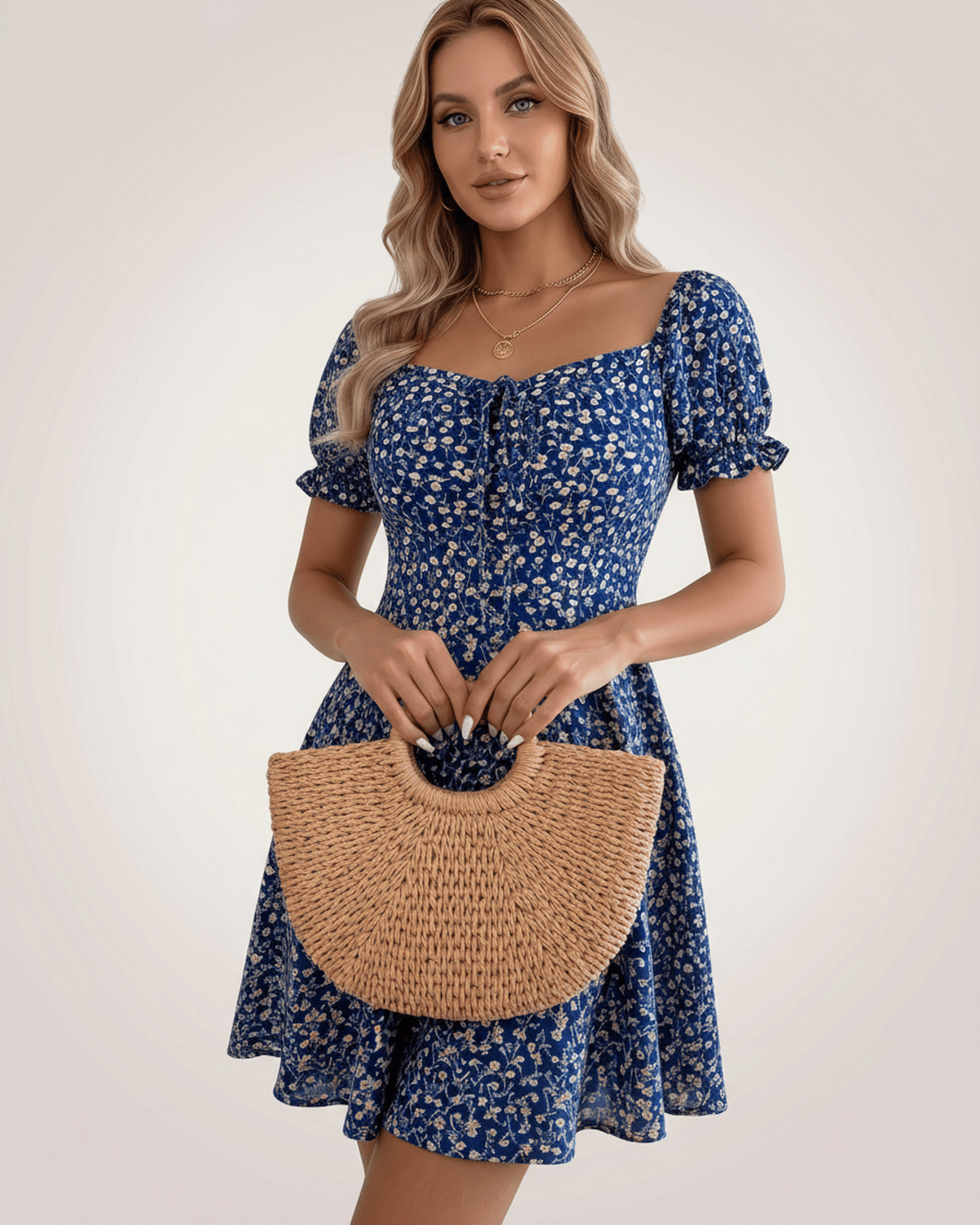 Florienne Mini Dress by Lauven — chiffon puff sleeve square neck A-line mini dress