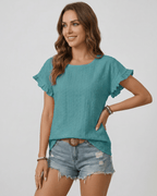 Veloura T-Shirt by Lauven — women’s textured ruffle sleeve T-shirt with round neck and eyelet detail