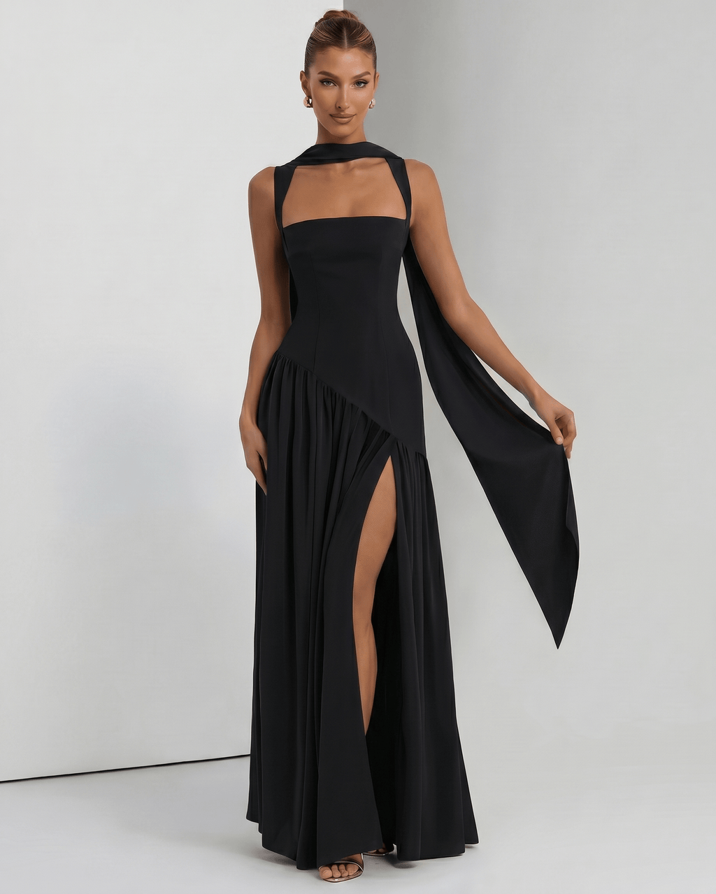 Seralune Maxi Dress by Lauven — black stretch crepe sleeveless square neck fitted maxi dress