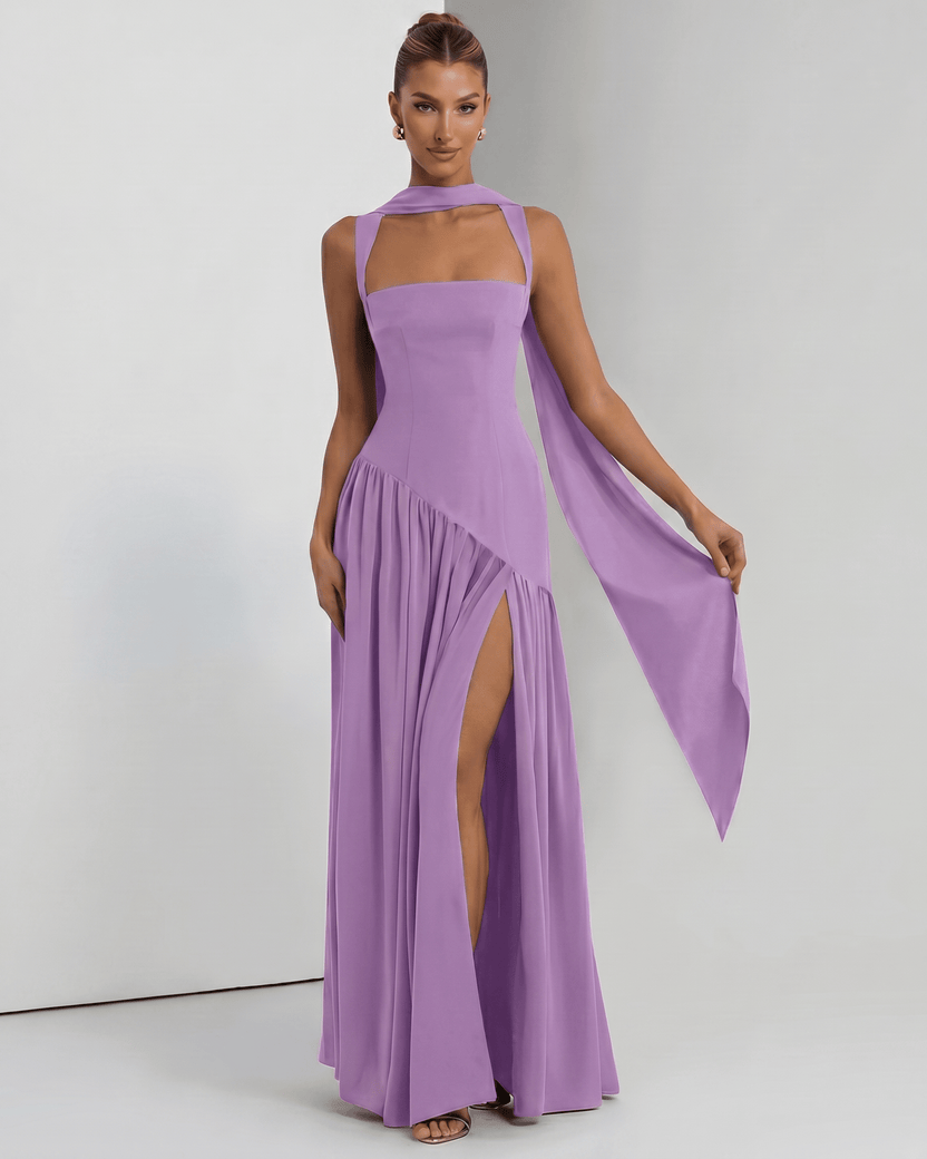 Seralune Maxi Dress by Lauven — lilac stretch crepe sleeveless square neck fitted maxi dress