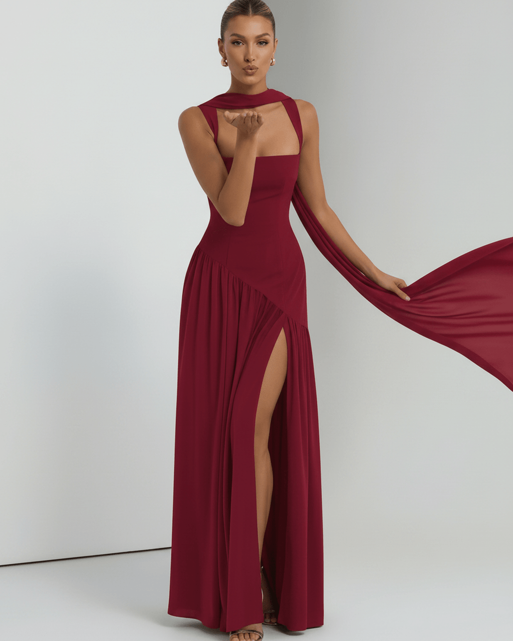 Seralune Maxi Dress by Lauven — stretch crepe sleeveless square neck fitted maxi dress