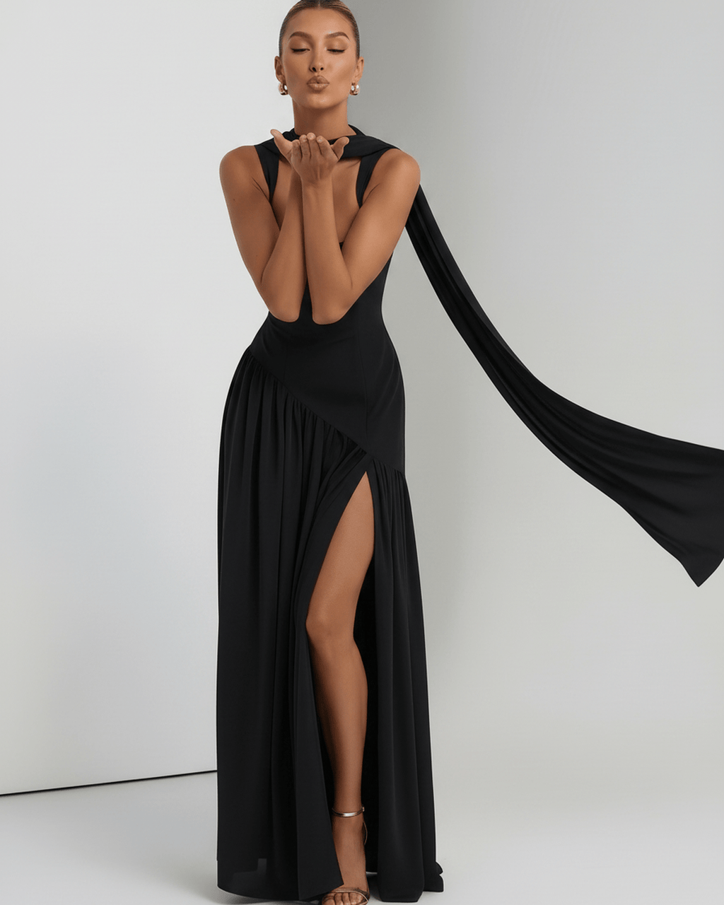 Seralune Maxi Dress by Lauven — stretch crepe sleeveless square neck fitted maxi dress