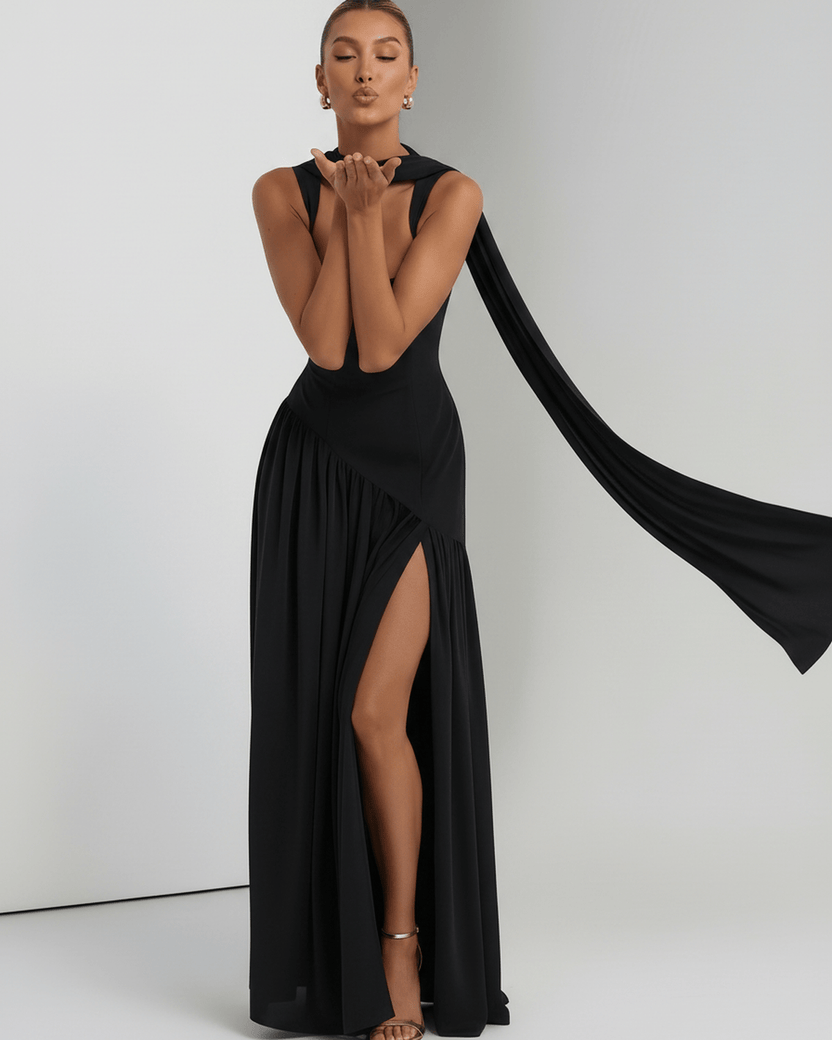 Seralune Maxi Dress by Lauven — stretch crepe sleeveless square neck fitted maxi dress