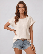 Veloura T-Shirt by Lauven — women’s textured ruffle sleeve T-shirt with round neck and eyelet detail