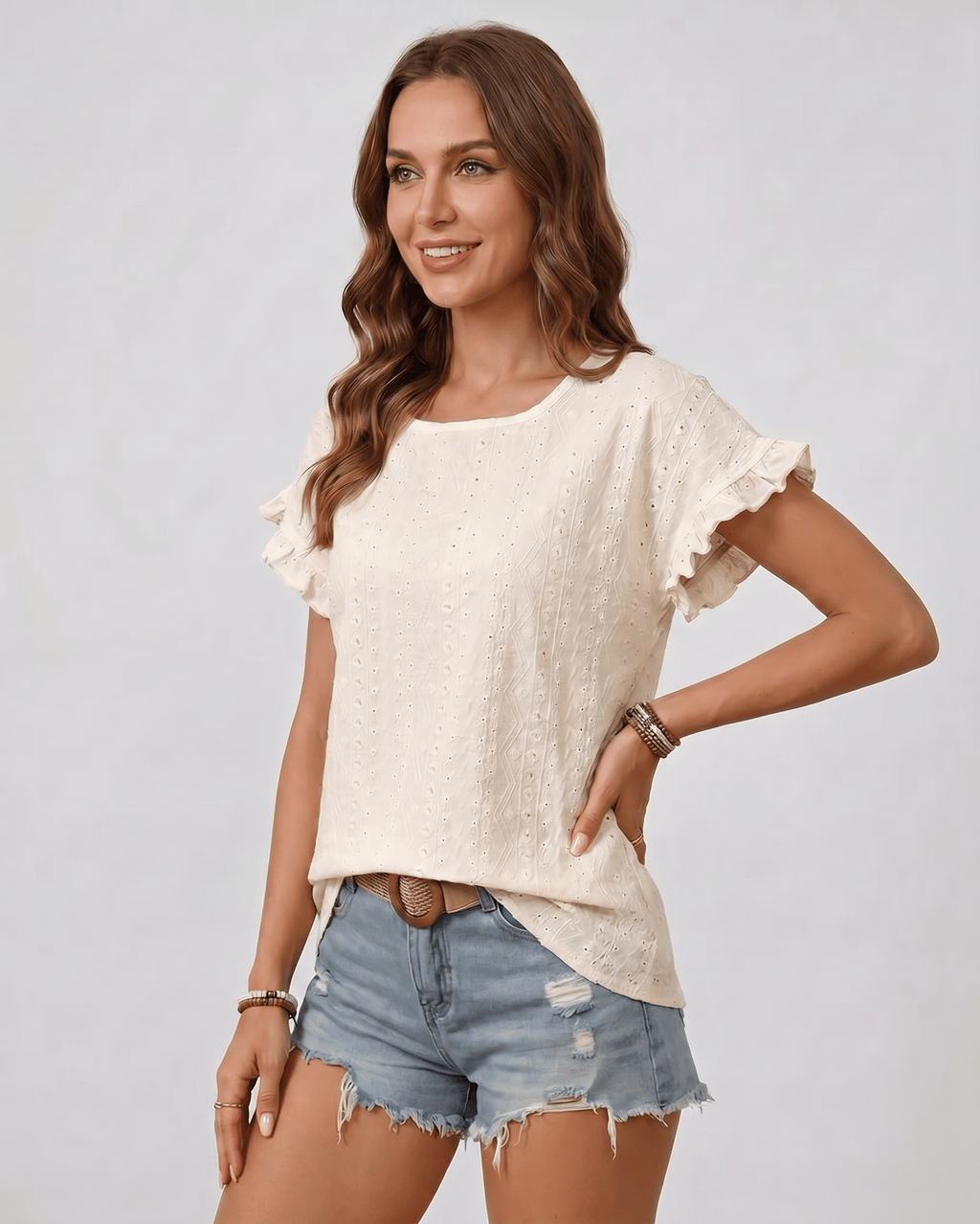 Veloura T-Shirt by Lauven — women’s textured ruffle sleeve T-shirt with round neck and eyelet detail