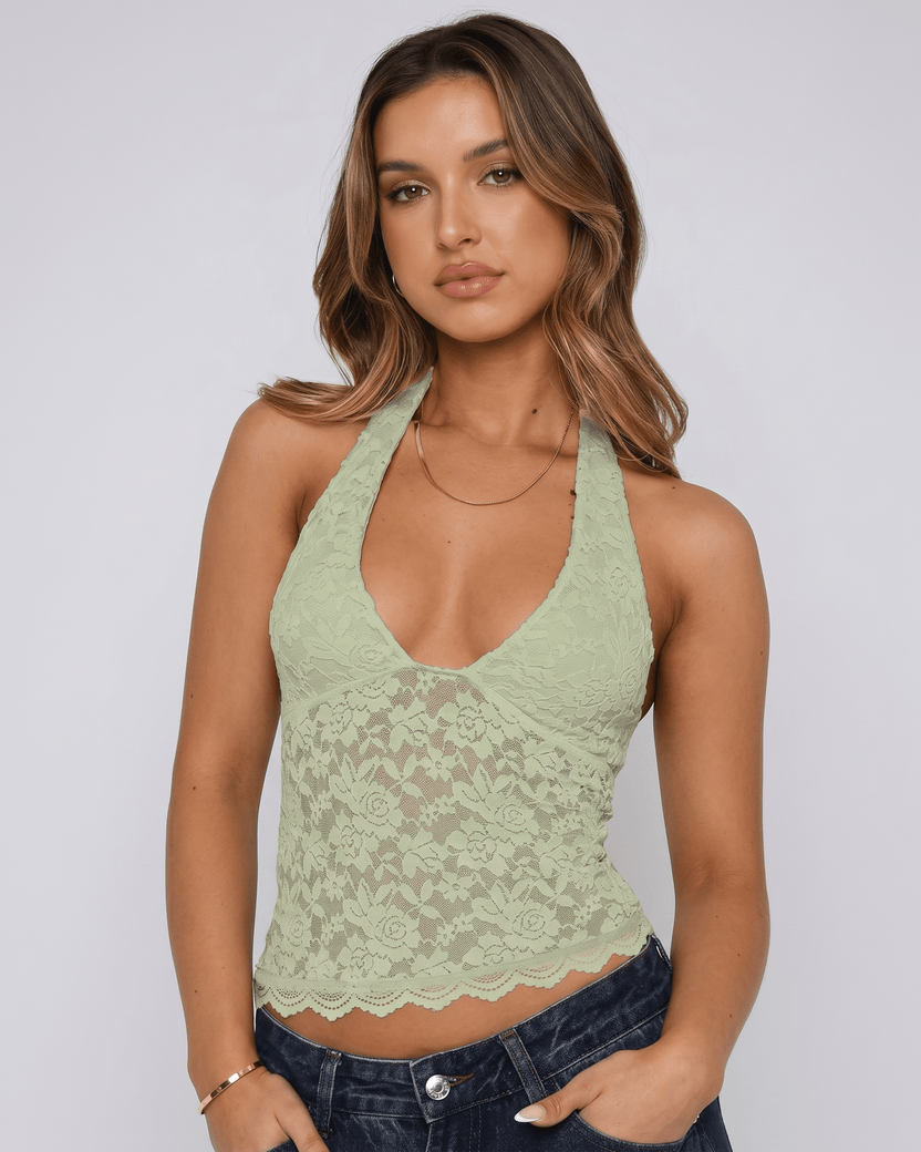 Veloura Top by Lauven — green women’s floral lace halter top with sheer mesh detail