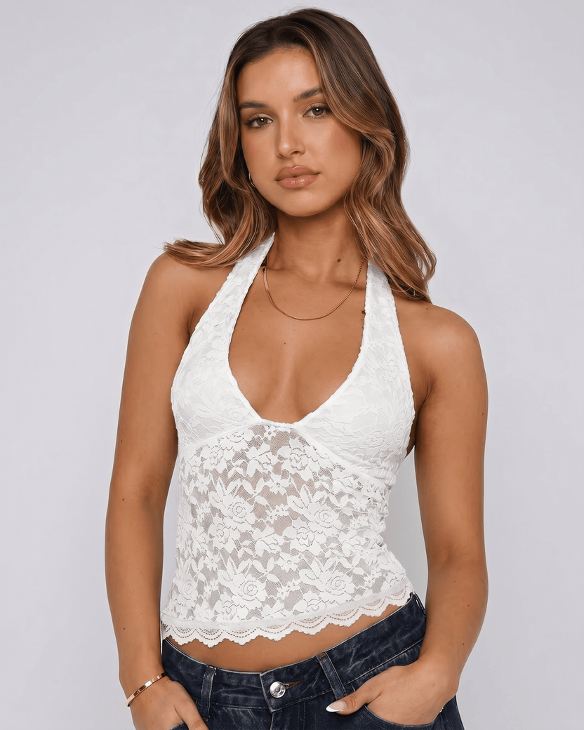 Veloura Top by Lauven — white women’s floral lace halter top with sheer mesh detail