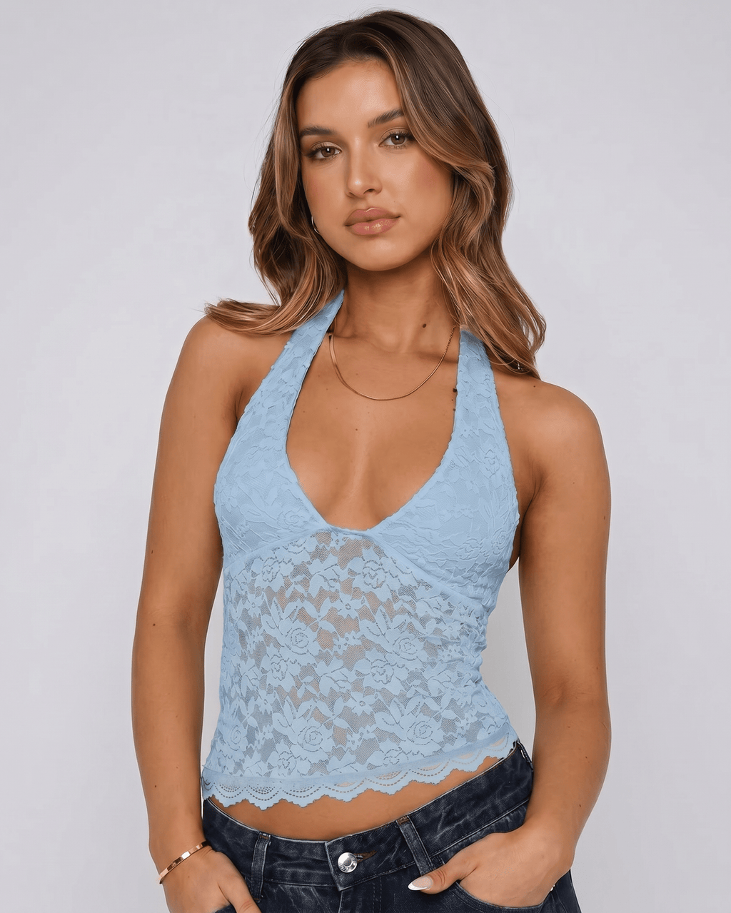 Veloura Top by Lauven — light blue women’s floral lace halter top with sheer mesh detail